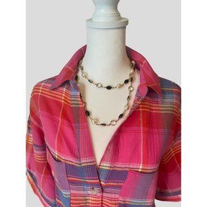 Sanctuary Pastel Pinks Blue and Yellow Plaid Short Sleeve Button Down Blouse Siz